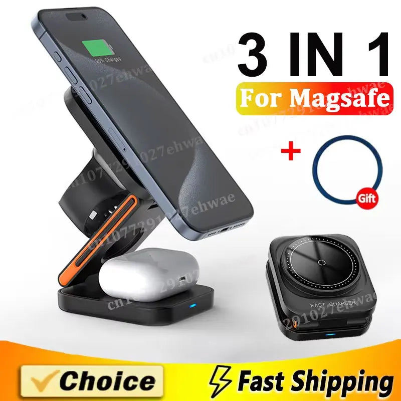 Estación de Carga Inalámbrica 3 en 1 – Cargador Magnético Plegable para iPhone, Apple Watch y AirPods