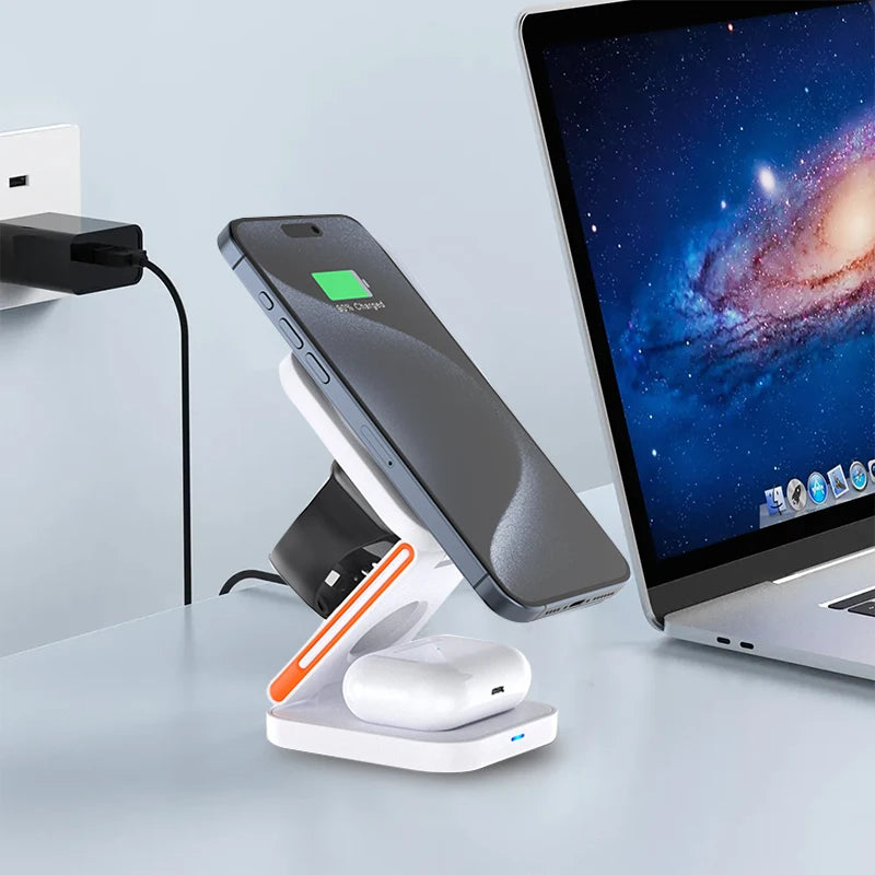 Estación de Carga Inalámbrica 3 en 1 – Cargador Magnético Plegable para iPhone, Apple Watch y AirPods