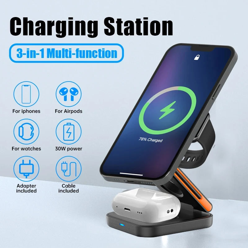 Estación de Carga Inalámbrica 3 en 1 – Cargador Magnético Plegable para iPhone, Apple Watch y AirPods