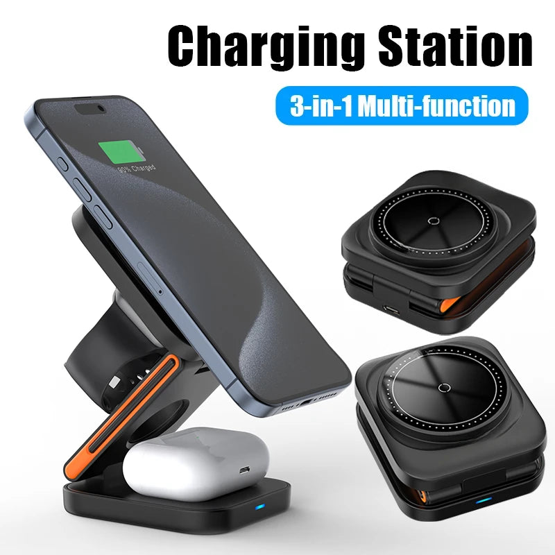 Estación de Carga Inalámbrica 3 en 1 – Cargador Magnético Plegable para iPhone, Apple Watch y AirPods