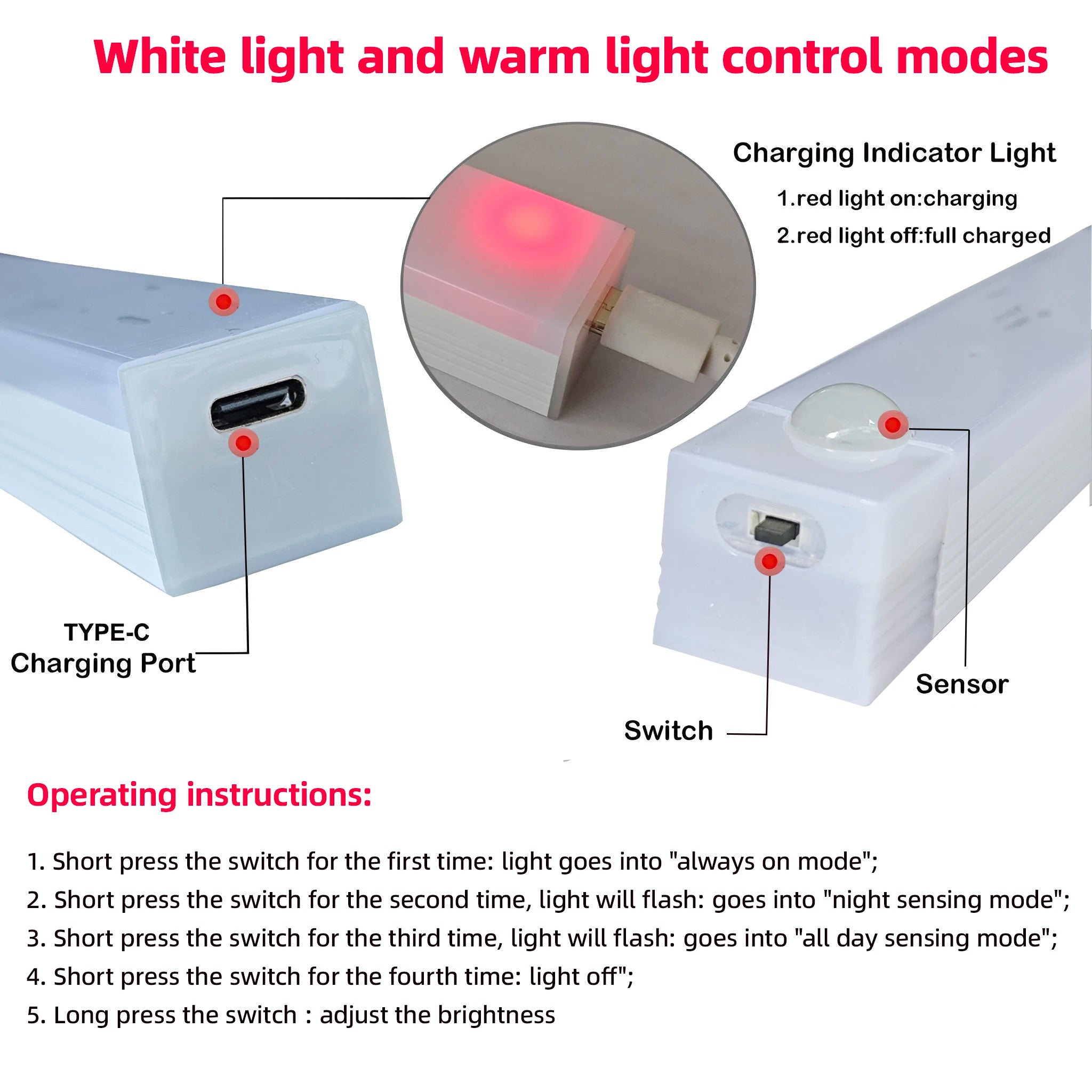 Lámpara LED con Sensor de Movimiento – Recargable USB-C, Luz Nocturna Inalámbrica